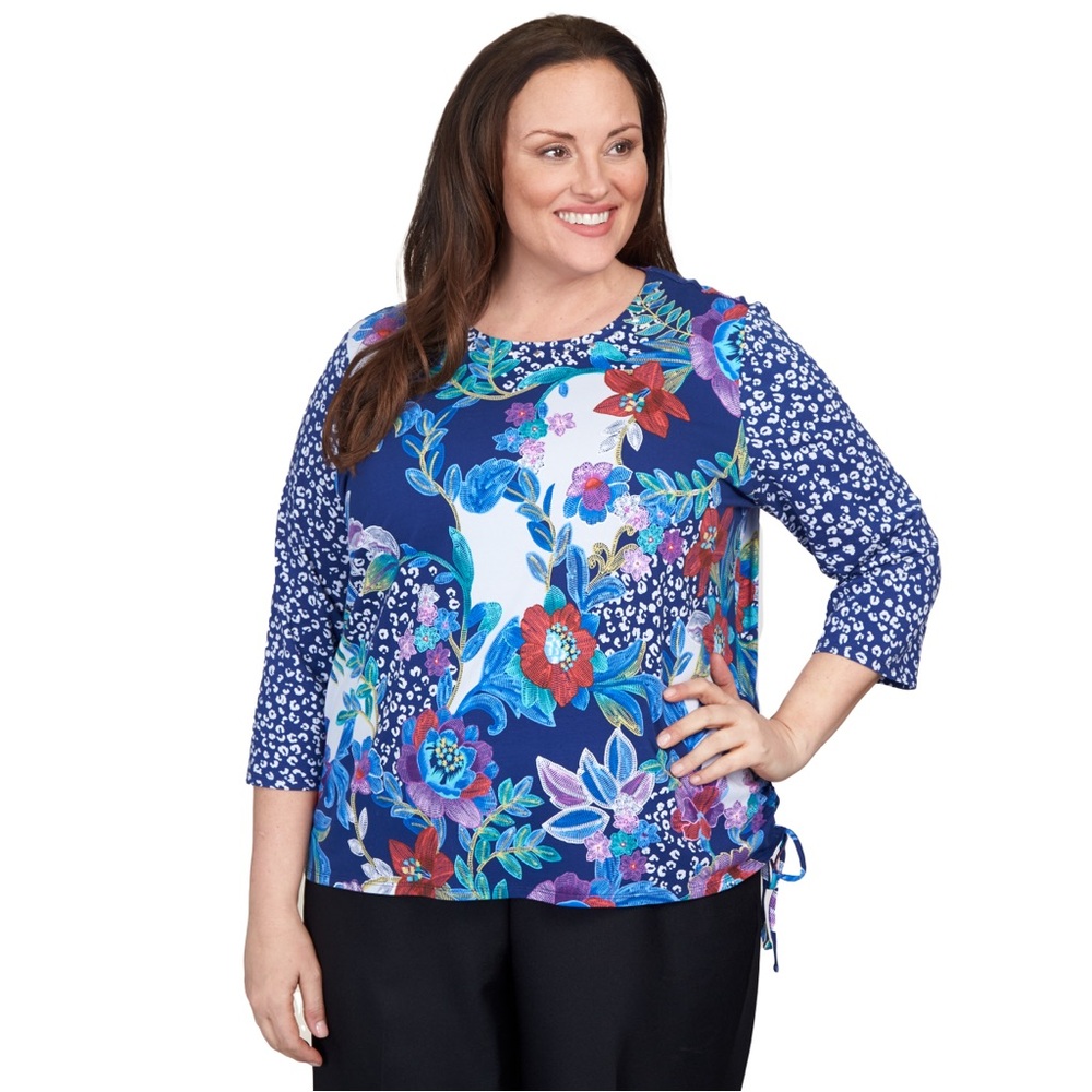 Alfred Dunner Vibrant Floral Blue Blouse Cotton